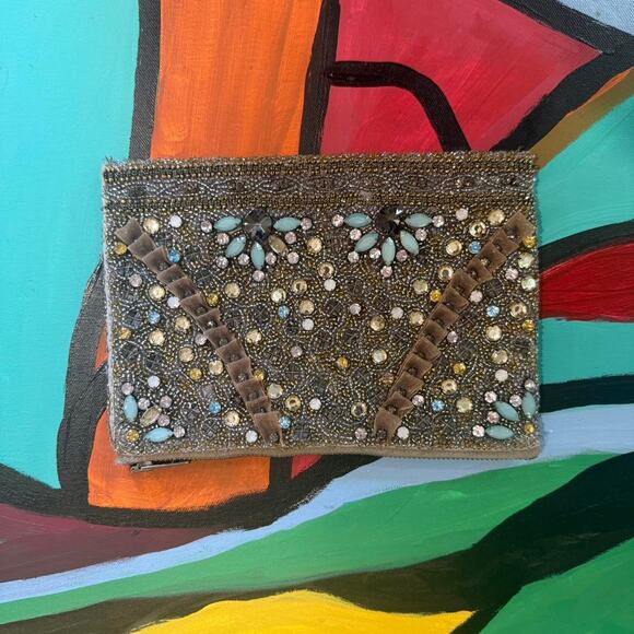 Anthropologie Handbags - Anthropologie Heavy Beaded Zipper Bag Clutch Girly Coquette Hoco Special